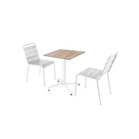 ensemble table de terrasse stratifié chêne foncé et 2 chaises blanc