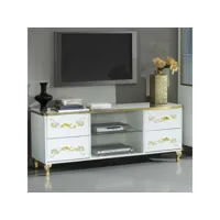 meuble tv 4 tiroirs laque blanc brillant - or - seborga - l 160 x l 48 x h 61 cm