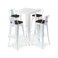 ensemble table blanche et 4 tabourets de bar design industriel - bistrot stylix bleu gris