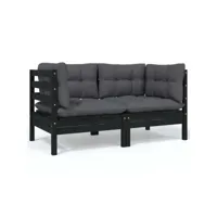 canapé fixe 2 places de jardin  sofa banquette de jardin et coussins noir bois de pin solide meuble pro frco78312