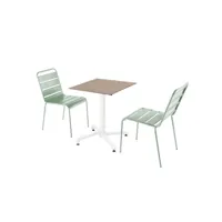 ensemble table de terrasse stratifié chêne et 2 chaises vert sauge