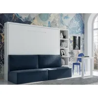 lit escamotable 160x200 avec canapé tissu logia-canapé beige-structure et façade chêne 3d-version lit+canapé+étagère