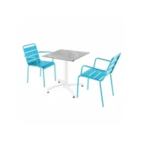 ensemble table de terrasse stratifié marbre et 2 fauteuils bleu