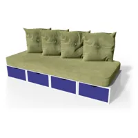 banquette cube 200 cm + futon + coussins  blanc,bleu foncé banq200s-lbdf