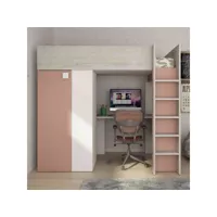 lit mezzanine enfant 90x200 avec armoire intégrée en bois rose - li9068