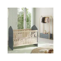 kaina - pack lit bébé cabane 60x120cm + penderie coloris gris et naturel