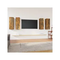 4 pcs meubles tv, banc tv, meubles télé avec etagères et rangement chêne fumé 30,5x30x90 cm bois d'ingénierie meuble pro lww62023