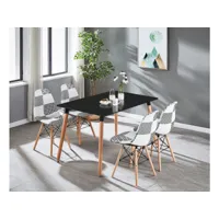 ensemble table à manger noire + 4 chaises en tissu patchwork - noir & blanc - style scandinave