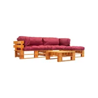 lot de 4 canapés de jardin palette  sofa banquette de jardin avec coussins rouge bois meuble pro frco71438
