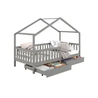lit cabane elea lit enfant simple montessori 90 x 200 cm, avec 2 tiroirs de rangement, en pin massif lasuré gris
