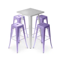 pack tabouret table & 4 tabourets de bar design industriel - métal - nouvelle edition - bistrot stylix violet pastel