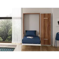 lit escamotable vertical 90x190 avec armoire et bureau kampo-coffrage chocolat-façade bleu ciel