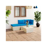 convivialité et détente avec ce salon de jardin palette 4 pcs avec coussins épicéa imprégné - bleu