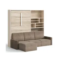 lit escamotable vertical avec bibliothèque et canapé d'angle markal 140x190-canapé marron foncé-structure et façade carbone