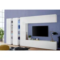 meuble mural carmelo, ensemble de salon meuble tv avec 5 portes, meuble de salon polyvalent, 100% made in italy, cm 340x30h180, blanc brillant 8052773865005