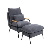 fauteuil lounge style néo-rétro avec repose-pied - dossier inclinable - structure acier noir accoudoirs bois hévéa revêtement velours cotelé gris