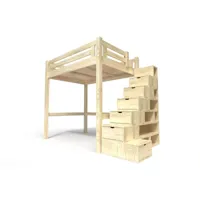 lit mezzanine adulte bois + escalier cube hauteur réglable alpage 140x200  vernis naturel alpag140cub-v