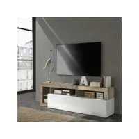 meuble tv moderne en bois 1 abattant blanc laqué brillant-bois fumé - positano - l 184 x l 42 x h 58 cm