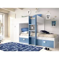 lit enfant dbajram, chambre complète avec armoire et tiroirs, composition de lits superposés avec deux lits simples, 271x111h150 cm, blanc et bleu 8052773875851
