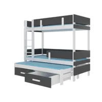 lit superposé 3 niveaux avec 2 tiroirs de rangement blanc et gris graphite 90x200 kopa