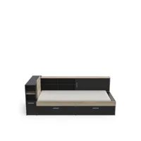 cadre de lit avec aménagement 90x190-200 noir mat-chêne clair - zily - l 119 x l 229 x h 87.5 cm