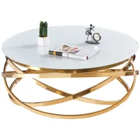 table basse design rond avec piètement en acier inoxydable poli doré et plateau en verre trempé blanc l. 100 x h. 43 cm collection enrico viv-95848