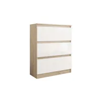 geneva - commode de chambre 3 tiroirs - dimensions 70x40x76 cm - meuble de rangement scandinave - sonoma/blanc/blanc gloss