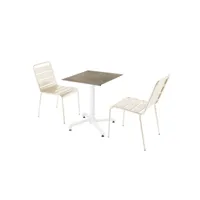 ensemble table de terrasse stratifié marbre beige et 2 chaises ivoire