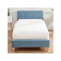 lit enfant avec tête de lit capitonnée en velours bleu - sommier à lattes 90x190cm - milo