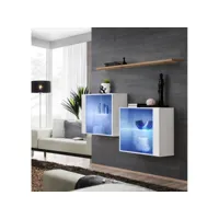 ensemble meubles de salon switch sbiii, coloris blanc brillant et porte vitrée avec système led intégré, étagère chêne wotan.