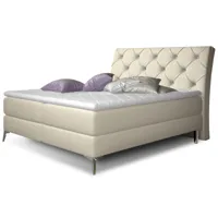 lit design continental avec tête de lit capitonnée strass simili cuir beige clair banky-couchage 140x200 cm