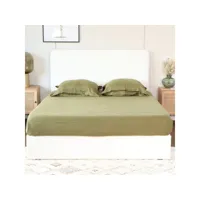 lit adulte 140x190 cm en tissu bouclette écru avec tête de lit et sommier à lattes - enzo