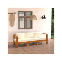 canapé fixe 3 places de jardin  sofa banquette de jardin et coussins blanc crème bois d'acacia meuble pro frco15842