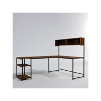 bureau d'angle style industriel avec étagères mickinaw bois foncé et métal noir