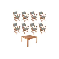 table de jardin carrée. en bois d'eucalyptus . avec trou de parasol + 8 fauteuils pliables kaki