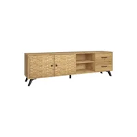 gaddi - meuble tv 181cm 2 portes 2 tiroirs effet bois et bambou tressé