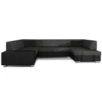 canapé convertible panoramique tissu noir chiné et simili noir méridienne à droite houston 320 cm