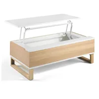 table basse relevable en bois laqué blanc et bois de hêtre naturel valeto 110 cm