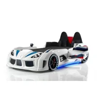 lit voiture de course interactif pour enfant currus bois blanc et led bleu et blanc