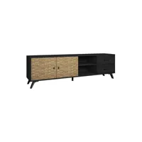 gaddi - meuble tv 181cm 2 portes 2 tiroirs effet bois noir et bambou tressé