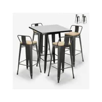 ensemble 4 tabourets vintage style tolix et table haute noire 60x60cm industriel rush black