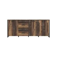 enfilade clif 3 portes - 3 tablettes, 4 tiroirs - 206,1 cm - décor vieux bois vintage avec béton gris foncé - poignées noire