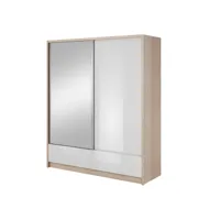 armoire placard 184x62x214cm porte coulissante avec miroir penderie sonoma/blanc brillant modèle ariana1