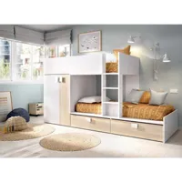 lit pour enfants dannon, chambre complète avec armoire et tiroirs, composition de lits superposés avec deux lits simples, 275x108h150 cm, blanc et chêne 8052773875820
