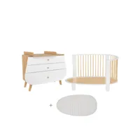 lit bébé évolutif et commode avec plan à langer oeuf blanc et bois
