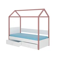 lit enfant cabane bois pin rose et bois blanc 90x200 avec 2 tiroirs de rangement forka