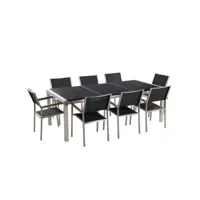 table de jardin en plateau granit noir poli 220 cm avec 8 chaises noires grosseto 19677