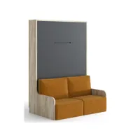 lit escamotable vertical avec banquette kora 80x190-coffrage chêne clair-façade chêne clair-canapé jaune moutarde