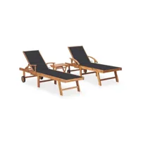 lot de 2 transats chaise longue bain de soleil lit de jardin terrasse meuble d'extérieur avec table et coussin bois de teck solide helloshop26 02_0012081