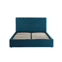 lit double avec coffre hubert  velours bleu paon 160x200 sommier inclus